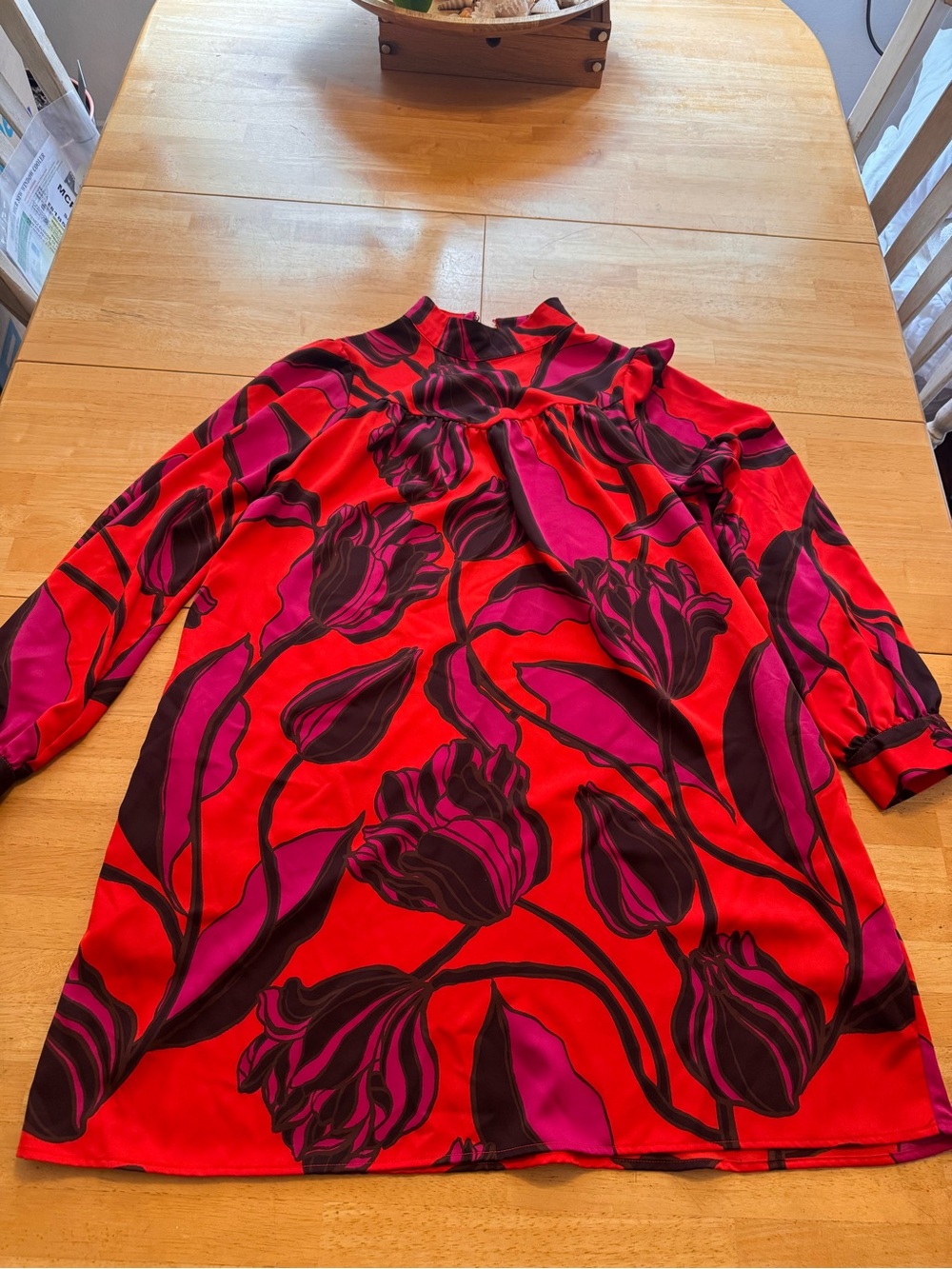 Who What Wear Red Long-Sleeve Floral Swing Dress with Magenta Accents